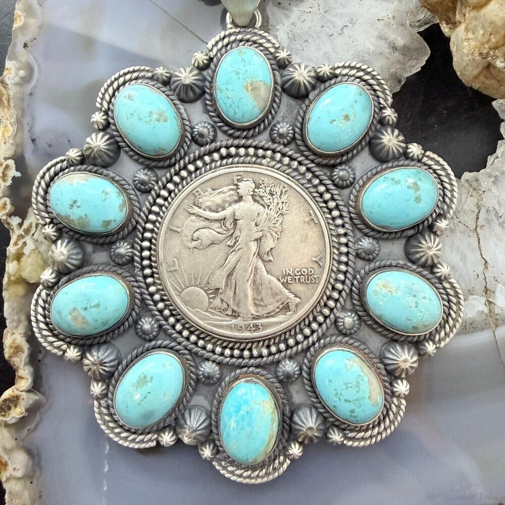 1943 Genuine 90% Silver Walking Liberty Half Dollar Coin w/Turquoise Uni Pendant - Picture 6 of 10